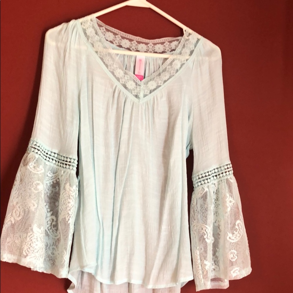 Teal blue • lace sleeve boho top